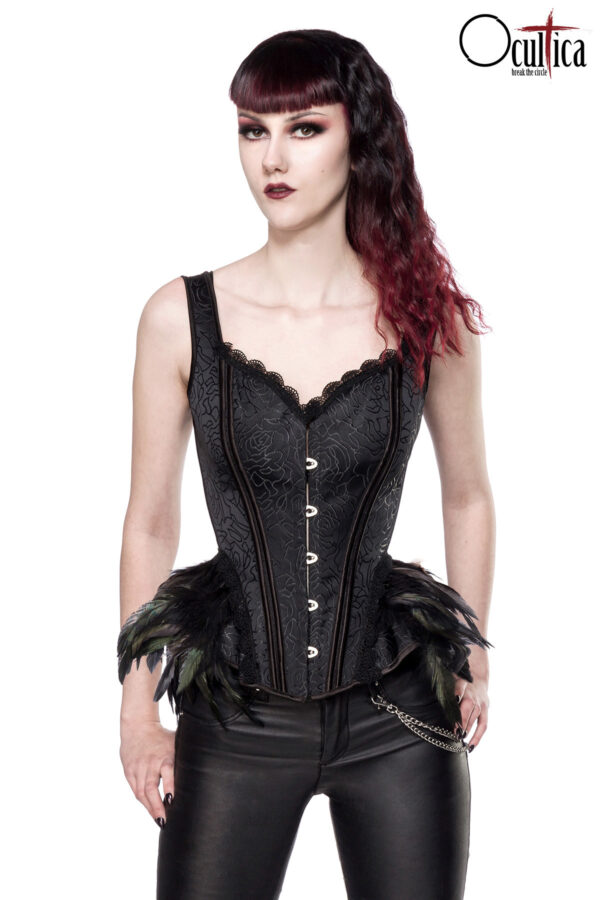 Ausgestelle Gothic-Corsage aus Brokat und Federn