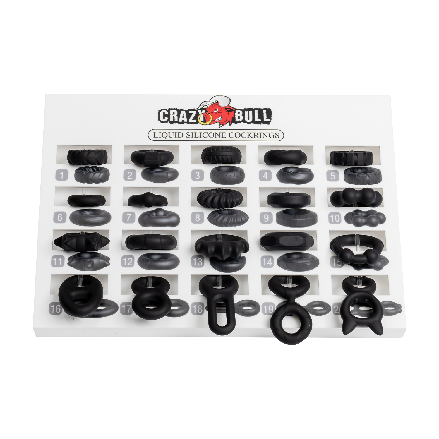Crazy Bull – Musterdisplay mit 20 Penisringen – Weiß/Schwarz