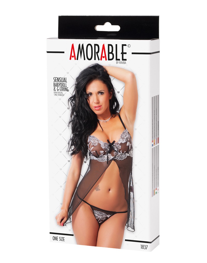 Amorable by Rimba – Babydoll mit G-String – One Size – Schwarz / Weiß
