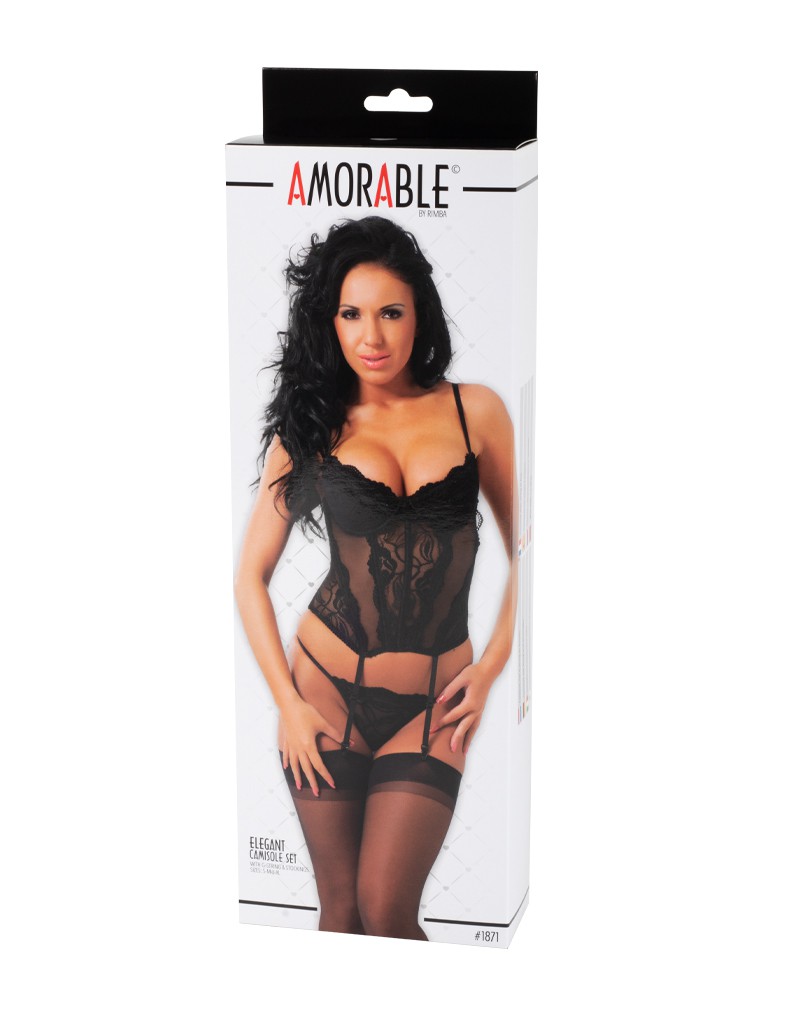 Amorable by Rimba – Camisole mit G-String und Strümpfen – Schwarz