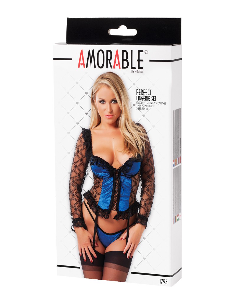 Amorable by Rimba – Korsett mit Bügel, G-String und Strümpfen – Schwarz / Blau