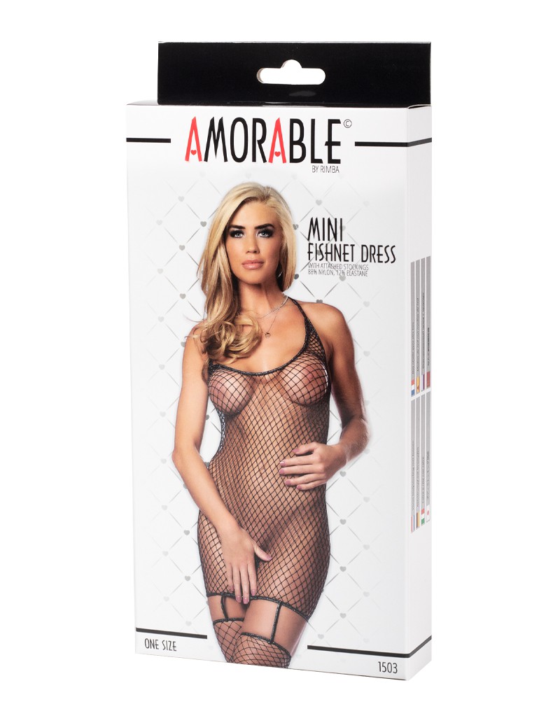 Amorable by Rimba – Netzkleid mit angenähten Strümpfen – One Size – Schwarz / Silber