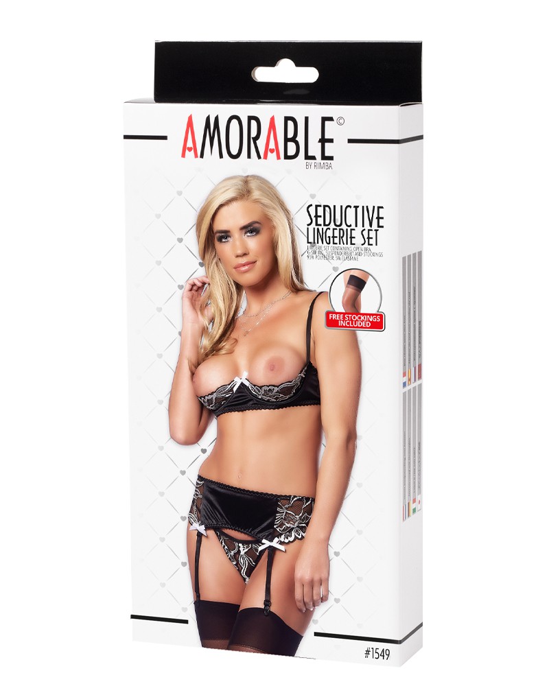 Amorable by Rimba – 1/2 Cup BH mit String, Strapsgürtel und Strümpfen – Schwarz / Weiß