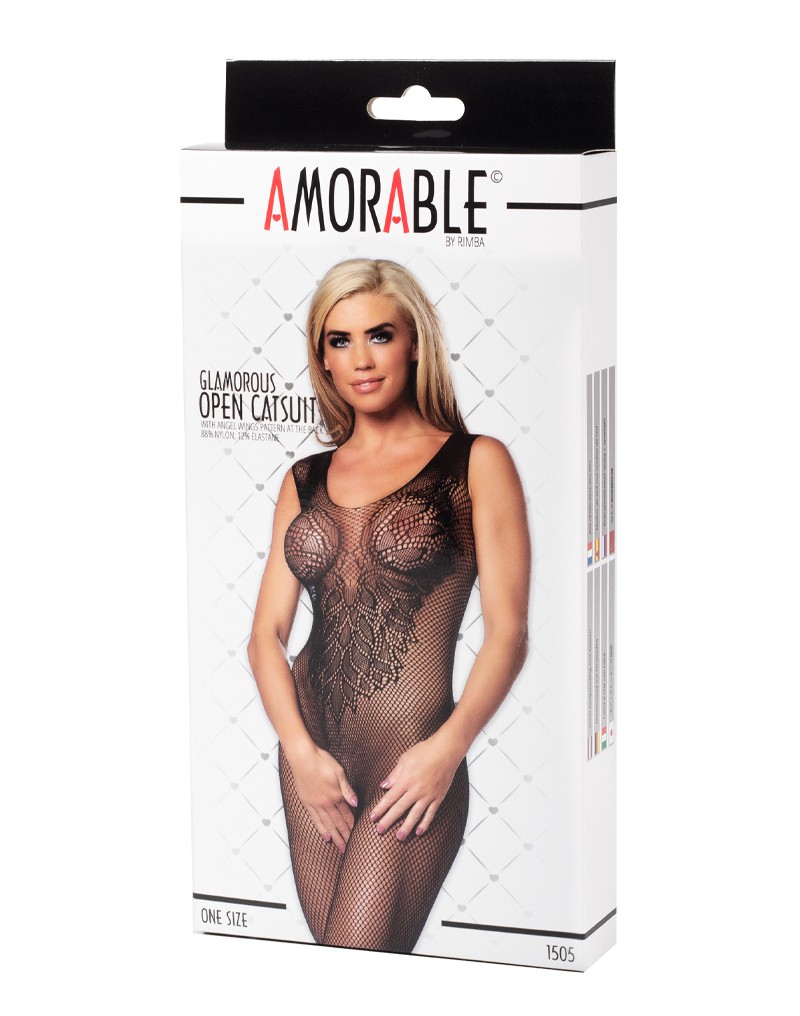 Amorable by Rimba – Offener Catsuit mit Engelsflügel-Muster – One Size – Schwarz