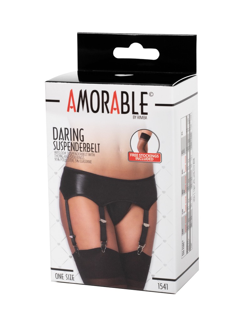 Amorable by Rimba – Wetlook Hosenträger mit Slip und Strümpfen – One Size – Schwarz